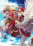  armor bangs belt blue_sky boobplate breastplate cloud commentary_request company_name copyright_name crossed_legs dress feathered_wings feathers fire_emblem fire_emblem:_kakusei fire_emblem_cipher full_body gauntlets hair_ornament kurosawa_tetsu long_hair looking_at_viewer official_art pegasus pegasus_knight polearm red_eyes red_hair shiny short_dress shoulder_armor shoulder_pads sky smile solo spear thighhighs tiamo weapon wings zettai_ryouiki 