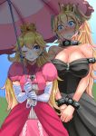  bare_shoulders black_collar black_dress blonde_hair blush bowsette bracelet breasts collar collarbone commentary_request crown dress earrings elbow_gloves fang forked_eyebrows gloves horns jewelry kokuryuugan large_breasts long_hair mario_(series) multiple_girls new_super_mario_bros._u_deluxe one_eye_closed parasol pink_dress princess princess_peach sapphire_(stone) shared_umbrella smile spiked_armlet spiked_bracelet spiked_collar spikes super_crown super_mario_bros. sweatdrop thick_eyebrows umbrella white_background 