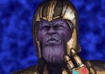  absurdres avengers:_infinity_war blue_background chanta_(ayatakaoisii) closed_eyes closed_mouth hand_up helmet highres infinity_gauntlet male_focus marvel portrait purple_skin sketch solo thanos 