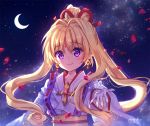  bangs blonde_hair blush chess_piece closed_mouth commentary crescent_moon earrings english_commentary eyebrows_visible_through_hair hair_between_eyes hair_ribbon head_tilt japanese_clothes jewelry kaitou_jeanne kamikaze_kaitou_jeanne kimono kusakabe_maron long_hair long_sleeves moon natsumii_chan night night_sky obi outdoors petals purple_eyes red_ribbon ribbon sash sidelocks signature sky smile solo star_(sky) starry_sky upper_body very_long_hair white_kimono wide_sleeves 