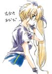  black_ribbon blonde_hair blush from_side gloves green_eyes gym_uniform hair_ribbon long_hair lyrical_nanoha mahou_shoujo_lyrical_nanoha_vivid older ribbon san-pon side_ponytail sketch solo very_long_hair vivio 