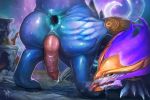  2018 5_fingers animal_genitalia anthro anus aurelion_sol_(lol) blue_skin butt cum dragon drooling eastern_dragon erection gaping gaping_anus genital_slit hand_on_butt knot league_of_legends male nude outside penis precum presenting presenting_anus presenting_hindquarters raised_tail rear_view riot_games rojika saliva slit solo sweat tongue tongue_out vein veiny_penis video_games 