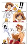  1girl 2boys ? black_hair blonde_hair breast_smother breasts brown_hair commentary_request hair_over_one_eye hat highres k164 large_breasts mario_(series) monkey_d_luffy multiple_boys new_super_mario_bros._u_deluxe one_piece personification sanji scar straw_hat super_crown transformation 