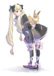  black_bow black_gloves blonde_hair bow closed_mouth commentary dated dress eevee elise_(fire_emblem_if) fire_emblem fire_emblem_if full_body gen_1_pokemon gloves hair_bow high_heels long_hair looking_back multicolored_hair pink_bow pink_ribbon pokemon pokemon_(creature) purple_eyes purple_hair ribbon robaco simple_background smile twintails twitter_username white_background 