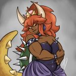  2018 animal_humanoid big_breasts bowser bowsette_meme bracelet breasts cleavage clothed clothing collar crown doc-art dress female hair half-closed_eyes half-length_portrait hand_on_hip horn humanoid jewelry mario_bros muscular muscular_female nintendo portrait red_hair simple_background solo spiked_bracelet spiked_collar spikes super_crown video_games 