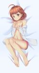  ahoge bare_shoulders barefoot bed_sheet blush breasts brown_eyes brown_hair collarbone covering covering_breasts embarrassed feet hands_up highres knees_together_feet_apart knees_up looking_at_viewer luoluokk lying navel off_shoulder on_back open_clothes open_shirt original pink_shorts see-through short_shorts shorts small_breasts solo 