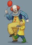  :d balloon black_eyes blue_background blue_pants blush bodysuit boots brown_hair chanta_(ayatakaoisii) clown georgie_denbrough gloves highres holding it_(stephen_king) jacket long_sleeves male_focus multiple_boys open_mouth pants paper_boat pennywise raincoat red_hair rubber_boots sanpaku simple_background smile standing standing_on_one_leg walking white_gloves 
