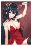  ahoge alcohol arm_support azur_lane bangs bare_shoulders black_hair black_legwear blush breasts champagne champagne_flute choker cleavage cocktail_dress collarbone crossed_bangs cup dated dress drinking_glass eyebrows_visible_through_hair hair_between_eyes hair_ornament holding holding_cup huge_breasts large_breasts long_hair looking_at_viewer open_mouth pouring red_background red_choker red_dress red_eyes sidelocks signature simple_background sitting smile solo taihou_(azur_lane) thighhighs twitter_username unel very_long_hair 