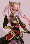  belt breasts cleavage closed_mouth commentary dark_skin feather_trim fire_emblem fire_emblem_heroes gauntlets geazs gloves gradient_hair hair_ornament highres laevateinn_(fire_emblem_heroes) long_hair medium_breasts multicolored_hair pink_hair red_eyes simple_background solo twintails 