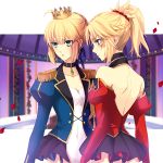  ahoge artoria_pendragon_(all) back bare_shoulders black_skirt blonde_hair braid breasts collar collarbone commentary_request crown epaulettes eyebrows_visible_through_hair fate/grand_order fate_(series) flower french_braid green_eyes jewelry miniskirt mordred_(fate) mordred_(fate)_(all) multiple_girls okurabaakaa petals ponytail rose rose_petals saber short_hair skirt small_breasts 