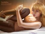  1girl bare_shoulders blonde_hair boots breasts cleavage female female_only hoo_bamon leather leather_pants long_hair lying medium_breasts on_back on_bed pants parted_lips purple_eyes rwby solo yang_xiao_long 