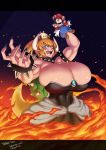  1boy 1girl armlet artist_name bare_shoulders black_dress black_nails blonde_hair blue_eyes bowsette bracelet breasts bursting_breasts collar crown dress earrings english fire grin horns huge_breasts jewelry mario mario_(series) muscle nail_polish new_super_mario_bros._u_deluxe nintendo ponytail sharp_teeth smile space_jin spiked_armlet spiked_bracelet spiked_collar spikes strapless strapless_dress super_crown tail teeth 