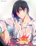  artist_name black_hair blue_eyes calcifer collared_shirt gearous howl_(howl_no_ugoku_shiro) howl_no_ugoku_shiro jewelry male_focus necklace partially_submerged ring shirt single_earring smile star water 