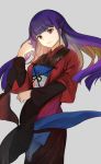 asagami_fujino bangs blunt_ends breasts brown_eyes chromatic_aberration commentary dress eyebrows_visible_through_hair film_grain hand_in_hair japanese_clothes kara_no_kyoukai kimono long_hair long_sleeves looking_at_viewer medium_breasts mosta_(lo1777789) parted_lips purple_hair simple_background solo standing very_long_hair 