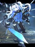  absurdres armored_boots black_heart blue_eyes boots breasts commentary_request eyebrows_visible_through_hair gauntlets hair_between_eyes headgear highres holding holding_weapon long_hair medium_breasts neptune_(series) next_black open_mouth ramu-on@_shinon shin_jigen_game_neptune_vii solo sword symbol-shaped_pupils visor weapon white_hair 