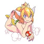  barefoot blonde_hair blue_eyes blush_stickers bowsette collarbone commentary_request highres horns jewelry long_hair lying mario_(series) nail_polish new_super_mario_bros._u_deluxe nude on_stomach ponytail poronpuu simple_background smile soles spiked_shell spiked_tail spikes super_crown super_mario_bros. super_mushroom tail the_pose toenail_polish turtle_shell white_background 