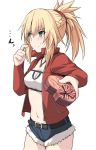  1girl blonde_hair box braid breasts cleavage collarbone cutoff_jeans cutoffs denim denim_shorts fate/grand_order fate_(series) french_braid gift gift_box giving green_eyes hair_ornament hair_scrunchie heart-shaped_box jacket jewelry light_frown looking_away medium_hair midriff mordred_(fate) mordred_(fate)_(all) navel necklace open_clothes open_jacket ponytail red_jacket scrunchie shiseki_hirame short_shorts shorts small_breasts solo spiked_hair sweatdrop valentine white_background 