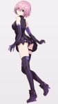  ass black_gloves black_legwear breasts closed_mouth elbow_gloves eyes_visible_through_hair fate/grand_order fate_(series) from_behind full_body gloves hair_over_one_eye high_heels highres hyuuga_azuri looking_at_viewer mash_kyrielight medium_breasts purple_eyes purple_gloves purple_hair purple_legwear short_hair solo thighhighs 