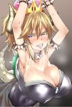  1girl armpits arms_up blonde_hair blue_eyes blush bowsette breasts cleavage crown dress erect_nipples fang genderswap genderswap_(mtf) horns huge_breasts mario_(series) nintendo ponytail restrained sharp_teeth shell smile strapless strapless_dress super_crown super_mario_bros. sweat tail teeth yonyon_(yotayota_honpo) 