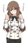  black_panties blue_eyes blush bow bowtie breasts brown_hair eyebrows_visible_through_hair fate/apocrypha fate_(series) fiore_forvedge_yggdmillennia head_tilt heart large_breasts long_hair looking_at_viewer panties shiseki_hirame smile solo thigh_gap translated underwear uniform white_background 