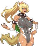  alternate_costume aqua_earrings aqua_eyes bare_shoulders black_nails blonde_hair blush borrowed_character bowsette bracelet collar commentary_request covered_navel covered_nipples cowboy_shot crown dark_skin earrings eyebrows eyebrows_visible_through_hair fingernails fishnets hair_between_eyes hand_on_hip hips horns impossible_clothes impossible_leotard ippo jewelry leotard long_ponytail mario_(series) nail_polish navel new_super_mario_bros._u_deluxe nose_blush open_mouth outline puffy_nipples sharp_fingernails sharp_teeth sheath sheathed shiny shiny_clothes shiny_hair shiny_skin short_hair sidelocks simple_background sketch slit_pupils smile solo spiked_bracelet spiked_collar spiked_shell spiked_tail spikes super_crown sword tail taimanin_(series) taimanin_suit teeth thighs weapon white_background 