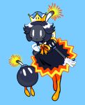  black_hair black_skin blue_background bob-omb boots bow crown dress dual_persona earrings eyelashes flipped_hair fuse gloves jewelry mario_(series) new_super_mario_bros._u_deluxe short_hair simple_background sorrysap super_crown transformation white_eyes white_gloves winding_key yellow_bow yellow_footwear |_| 