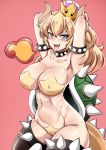  absurdres armlet armpits black_legwear blonde_hair blue_eyes bowsette breasts collar collarbone covered_nipples crown eyebrows eyebrows_visible_through_hair fire highres horns large_breasts long_hair mario_(series) new_super_mario_bros._u_deluxe open_mouth pasties pink_background ponytail simple_background solo spiked_armlet spiked_collar spikes star_pasties super_crown thighhighs tongue tongue_out virusotaku 