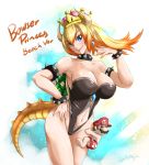  1girl adapted_costume aqua_eyes bangs bare_shoulders barefoot black_collar black_swimsuit blonde_hair bowsette bracelet breasts broad_shoulders brown_hair casual_one-piece_swimsuit character_name chibi cleavage climbing clinging collar collarbone colored_eyelashes commentary_request crown day evil_grin evil_smile eyebrows_visible_through_hair eyelashes eyes_visible_through_hair facial_hair fang_out fingernails gradient_hair grin hair_between_eyes hand_on_another's_thigh hat highres horns jewelry large_breasts lips lolita_majin long_fingernails looking_at_viewer male_swimwear mario mario_(series) miniboy multicolored_hair mustache nail_polish navel_cutout new_super_mario_bros._u_deluxe nose one-piece_swimsuit orange_hair outdoors parted_bangs ponytail red_hat sharp_fingernails sharp_teeth shiny shiny_hair shirtless single_letter smile solid_oval_eyes spiked_armlet spiked_bracelet spiked_collar spiked_shell spikes strapless strapless_swimsuit super_crown swimsuit swimwear tail teeth turtle_shell yellow_nails 