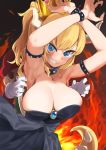  1girl areolae armpits arms_up bare_shoulders black_dress blush bowsette bracelet breasts cabbie_hat cleavage collar commentary_request crown dress fire gloves hat highres horns imminent_breast_grab jewelry large_areolae mario mario_(series) new_super_mario_bros._u_deluxe nipple_slip nipples ponytail pose red_hat ronna sharp_teeth sleeveless sleeveless_dress smile spiked_armlet spiked_bracelet spiked_collar spikes strapless strapless_dress super_crown tail teeth white_gloves you_gonna_get_raped 