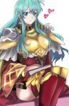  armor armored_dress blue_hair book breastplate cape earrings eirika fire_emblem fire_emblem:_seima_no_kouseki fire_emblem_heroes heart jewelry long_hair looking_at_viewer pauldrons rem_sora410 simple_background skirt smile solo thighhighs 