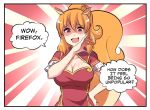  4koma animal_ears bangs breasts chinese_clothes cleavage cleavage_cutout collarbone comic english eyebrows_visible_through_hair hair_between_eyes hand_on_hip highres hinghoi large_breasts long_hair open_mouth orange_hair os-tan personification ponytail red_eyes short_sleeves smile solo speech_bubble squirrel_ears squirrel_girl squirrel_tail tail uc_browser upper_body 