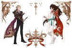  blonde_hair brown_eyes brown_hair cape curly_hair european_clothes fajyobore323 fire_emblem fire_emblem_if formal long_hair looking_at_viewer marks_(fire_emblem_if) multiple_boys pauldrons red_eyes ryouma_(fire_emblem_if) smile spiked_hair suit sword weapon 