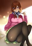  ass black_legwear blue_eyes breasts brown_hair closed_mouth collared_shirt crossed_legs expressionless eyebrows_visible_through_hair feet_out_of_frame go-toubun_no_hanayome green_skirt gusset hair_between_eyes hair_twirling hand_up headphones headphones_around_neck highres knees_up long_hair looking_at_viewer medium_breasts nakano_miku panties panties_under_pantyhose pantyhose pink_sweater pleated_skirt see-through shirt sitting skirt sleeves_past_wrists solo sweater underwear white_shirt yykuaixian 