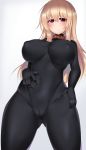  blonde_hair blush bodystocking bodysuit breasts cameltoe collar commentary_request covered_navel highres kubiwa_(kutan) kutan large_breasts long_hair looking_at_viewer original red_eyes skin_tight solo 