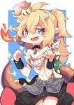  :d bare_shoulders bib black_skirt blonde_hair blue_eyes blush bowsette_jr. cowboy_shot crown eyebrows_visible_through_hair fire highres horns kotoba_(1074421015) long_hair looking_at_viewer mario_(series) navel new_super_mario_bros._u_deluxe open_mouth pointy_ears ponytail sharp_teeth skirt smile solo sparkle spikes super_crown super_mario_bros. tail teeth thick_eyebrows turtle_shell uneven_eyes 