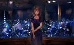  bangs black_hair blue_dress breasts city_lights cityscape closed_mouth collarbone commentary dress highres holding_own_arm indoors jewelry kyota07 looking_at_viewer medium_breasts necklace night night_sky original purple_eyes scenery short_hair short_sleeves sidelocks sky smile solo standing star_(sky) starry_sky tower window 