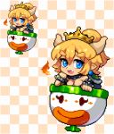  black_dress blonde_hair blue_earrings blue_eyes blush bowsette bracelet breasts breathing_fire chibi cleavage collar commentary_request crown dress earrings eyebrows fangs fire hair_between_eyes happy horns jewelry koopa_clown_car looking_at_viewer lowres mario_(series) new_super_mario_bros._u_deluxe open_mouth patterned_background pixel_art pointy_ears ponytail shiny shiny_hair shirosu sidelocks smile solo spiked_bracelet spiked_collar spiked_shell spikes super_crown thick_eyebrows 