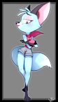  absurd_res anthro barefoot black_eyes blue_fur blush border breasts canine clothing crossed_arms female fox full_body fur half-closed_eyes hi_res mammal open_mouth shirt shorts signature smile solo standing wildblur 