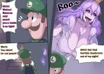  1boy 1girl black_sclera breasts cleavage comic dress ghost gloves large_breasts long_hair luigi mario_(series) metal_owl_(aden12) new_super_mario_bros._u_deluxe nintendo pink_eyes princess_king_boo super_crown tongue tongue_out white_gloves white_hair white_skin 