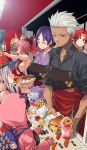  5girls :o animal_ears apron archer backpack bag baseball_cap blue_eyes blush boudica_(fate/grand_order) bow breasts brown_bow brown_eyes brown_hair chaldea_kitchen_truck character_pin closed_eyes collarbone commentary craft_essence cup drinking_straw earrings eating fate/grand_order fate_(series) food food_truck fox_ears french_fries glasses ground_vehicle hair_bobbles hair_bow hair_ornament hamburger hat hood hoodie hot_dog hot_dog_bun imigimuru japanese_clothes jewelry kimono large_breasts minamoto_no_raikou_(fate/grand_order) miyamoto_musashi_(fate/grand_order) motor_vehicle multiple_girls official_art one_eye_closed osakabe-hime_(fate/grand_order) ponytail purple_hair red_hair sideboob sidelocks slushie tamamo_(fate)_(all) tamamo_cat_(fate) truck unlimited_burger_works white_hair younger 