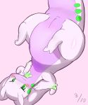  2016 ass_up blush cryodrgnate female feral gastropod goo_(disambiguation) goodra green_eyes hi_res looking_down lying multicolored_skin nintendo nude on_back pok&eacute;mon pok&eacute;mon_(species) purple_body purple_skin pussy simple_background slime solo toes two_tone_skin video_games 