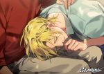 artist_name ash_lynx banana_fish blonde_hair closed_eyes collared_shirt gearous lap_pillow lying male_focus multiple_boys okumura_eiji on_side out_of_frame shirt sitting solo_focus tears 