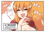  bangs blush breasts chinese_clothes cleavage cleavage_cutout closed_eyes collarbone comic english eyebrows_visible_through_hair hair_between_eyes hand_on_own_chin highres hinghoi large_breasts laughing long_hair open_mouth os-tan ponytail smile squirrel_tail tail uc_browser upper_body 