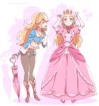  ^_^ blonde_hair boots braid closed_eyes company_connection cosplay costume_switch crown dress elbow_gloves gloves green_eyes jewelry long_hair mario_(series) multiple_girls pants parasol pink_dress pointy_ears princess_peach princess_peach_(cosplay) princess_zelda princess_zelda_(cosplay) shuri_(84k) smile super_mario_bros. the_legend_of_zelda the_legend_of_zelda:_breath_of_the_wild umbrella 