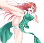  ass attacking_viewer blue_eyes bouncing_breasts breasts commentary_request dress green_dress highres hong_meiling kicking long_hair looking_at_viewer medium_breasts navel open_mouth panties pantyshot_(kicking) red_hair short_sleeves simple_background sweat teraguchi touhou underwear white_panties 