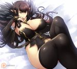  areola_slip areolae bare_shoulders black_dress black_hair breasts bridal_gauntlets cleavage commentary detached_sleeves dress fate/apocrypha fate_(series) frills fur_trim gold_trim haganef huge_breasts long_hair lying on_back on_bed patreon_logo pointy_ears semiramis_(fate) smile solo teeth thighhighs unmoving_pattern very_long_hair yellow_eyes 