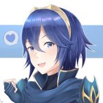  arcedo blue_eyes blue_hair blush eyebrows_visible_through_hair fingerless_gloves fire_emblem fire_emblem:_kakusei gloves hair_between_eyes heart highres looking_at_viewer lucina open_mouth outline short_hair signature simple_background smile solo speech_bubble spoken_heart tiara turtleneck two-tone_background upper_body 