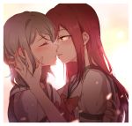  bangs blush bow bowtie breasts closed_eyes commentary gemi_25 grey_hair hand_in_another's_hair hand_on_another's_head head_grab highres imminent_kiss long_hair looking_at_another love_live! love_live!_sunshine!! multiple_girls red_hair sakurauchi_riko school_uniform serafuku short_hair short_sleeves upper_body watanabe_you yellow_eyes yuri 