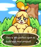  2018 animal_crossing anthro anus blush breasts butt canine character_name dialogue digital_media_(artwork) dog english_text female fur hair hi_res isabelle_(animal_crossing) looking_at_viewer lying mammal nintendo nipples nude nulloffset on_back open_mouth outside presenting presenting_anus presenting_hindquarters presenting_pussy pussy shih_tzu sky smile solo speech_bubble spread_legs spreading text tongue tree video_games yellow_fur 