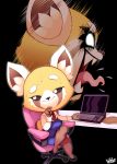  2018 absurd_res aggressive_retsuko anthro black_background black_sclera breasts chair clothed clothing computer digital_media_(artwork) female footwear full_body glowing glowing_eyes half-closed_eyes hi_res laptop legwear mammal open_mouth pantyhose red_panda retsuko sanrio sharp_teeth shirt shoes signature simple_background sitting smile suit sweat teeth tongue tongue_out vest white_eyes wildblur 